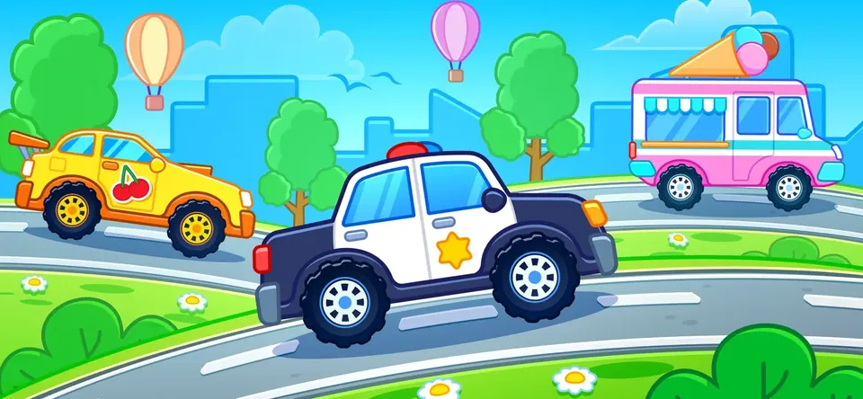 Car games for toddler and kids: tap-and-hold to accelerate — one-finger control