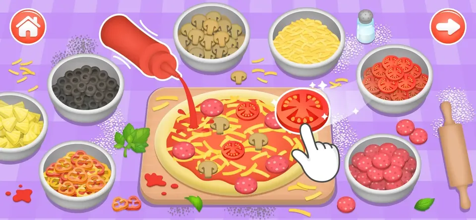 Kids cooking games 2+ year old: decorate finished food and serve it to hungry characters