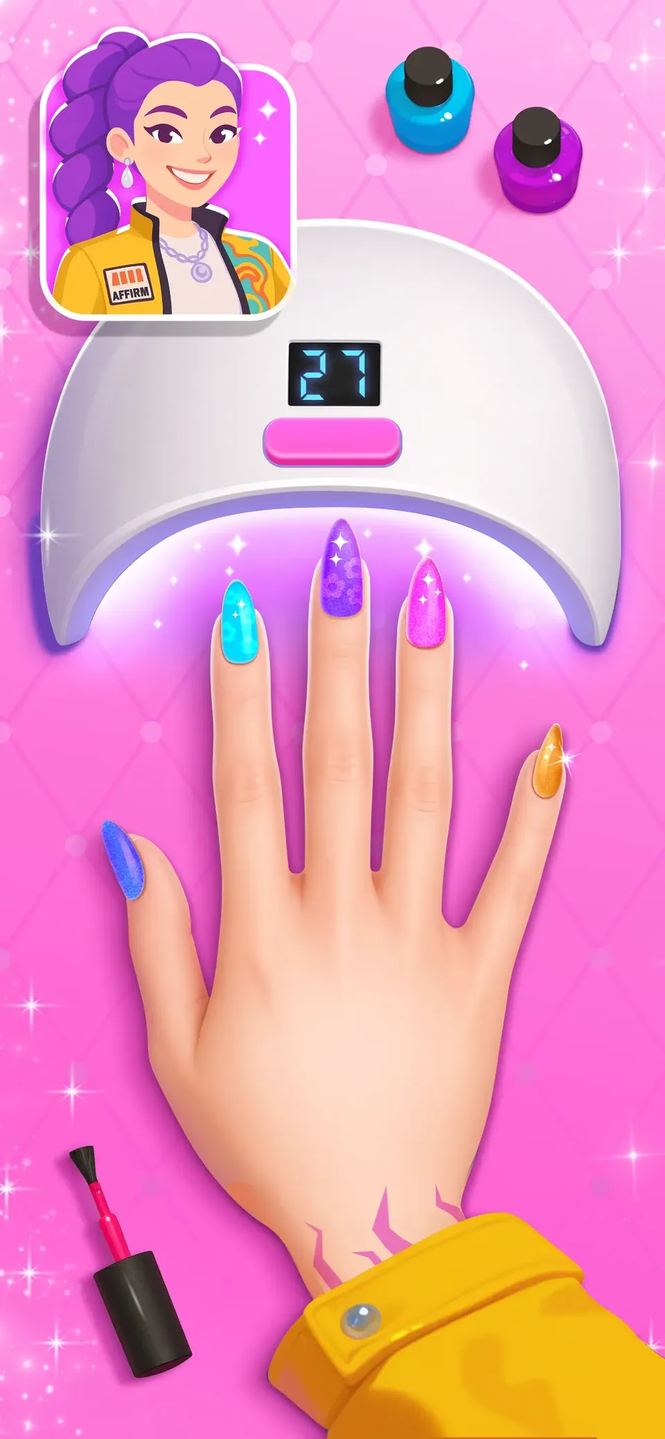 Nail Salon Games for Kids 2-5: prep nails: file, clean and cure them under the salon lamp