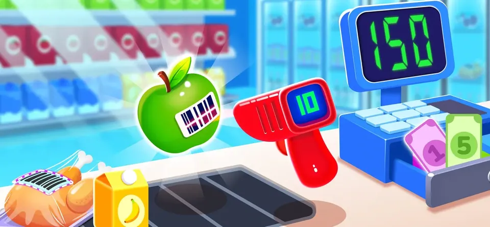 Shopping & Supermarket Games: scan items at the checkout with a barcode scanner